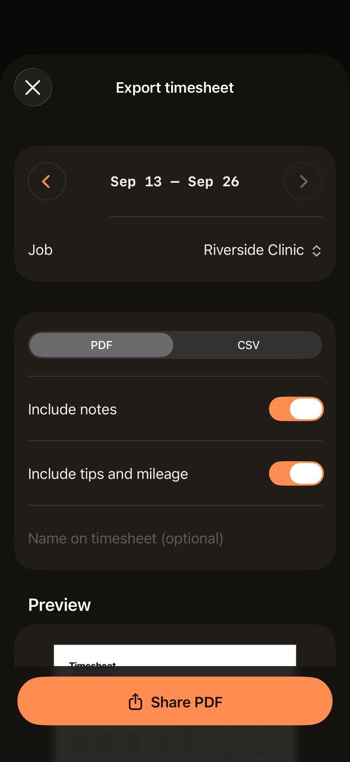 Exporting a Hourwell timesheet as a PDF or CSV, with options to include notes, tips and mileage