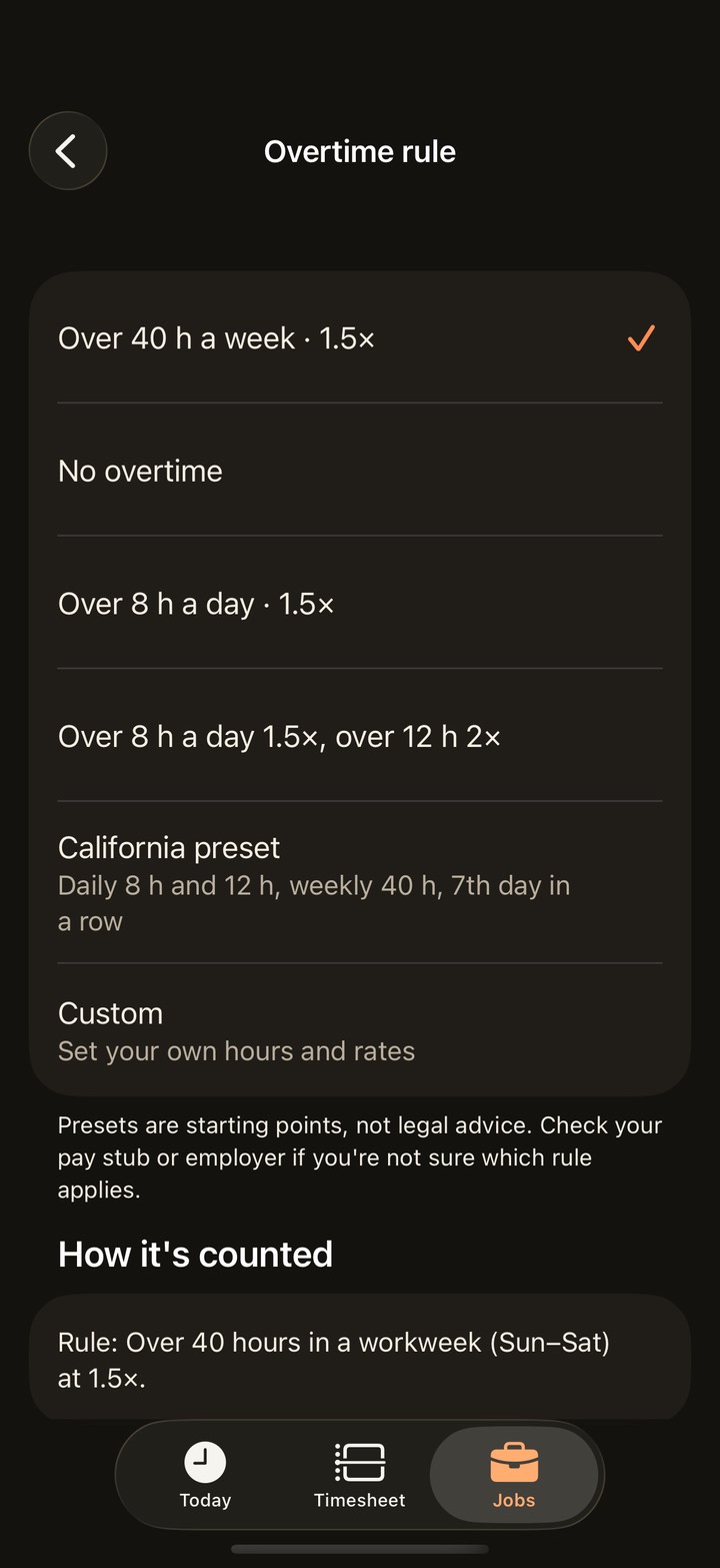 Choosing an overtime rule in Hourwell: over 40 hours a week, daily overtime, double time or the California preset